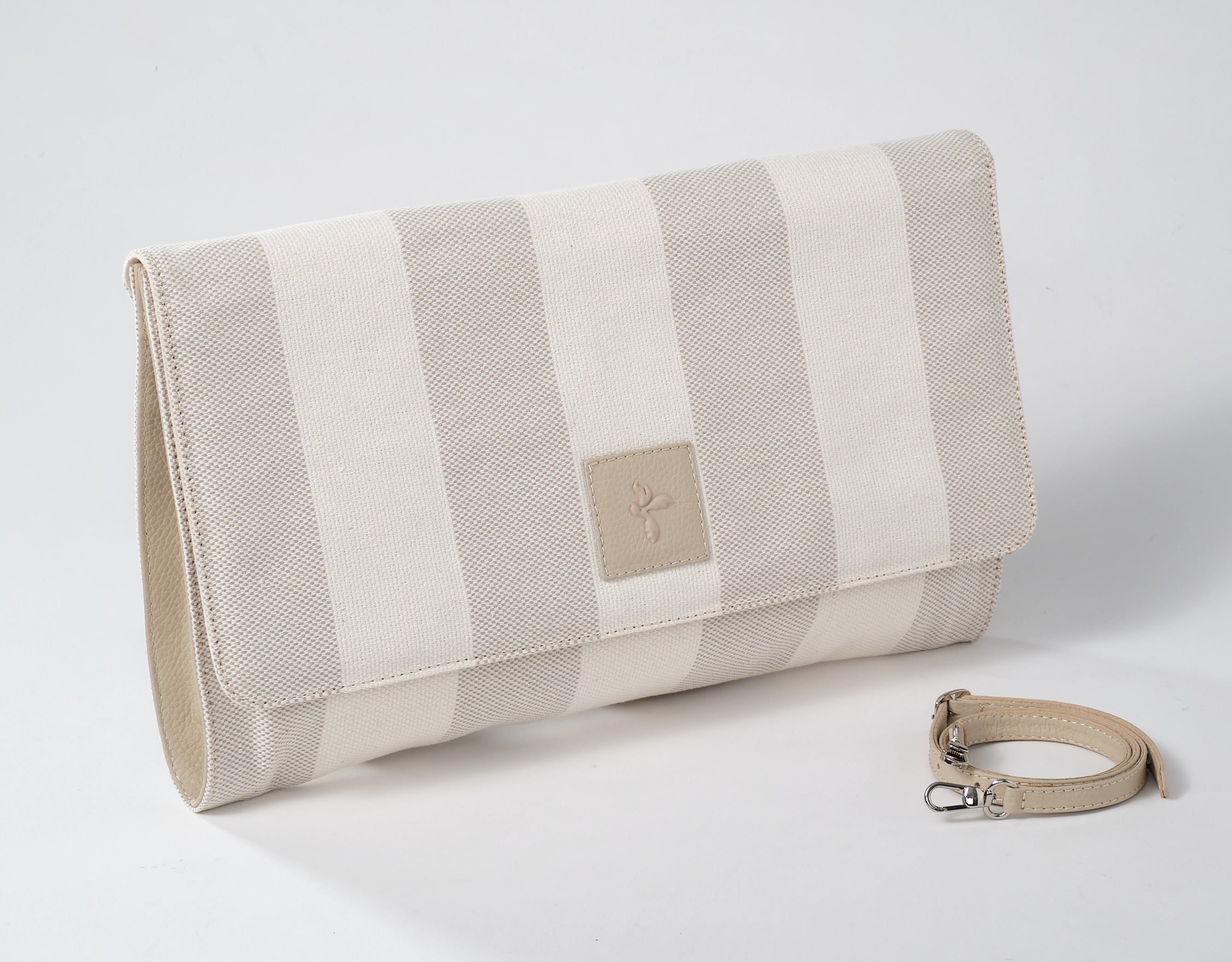 Anne Oversized Linen & Leather Clutch: Crema/Grey Cabana Stripe