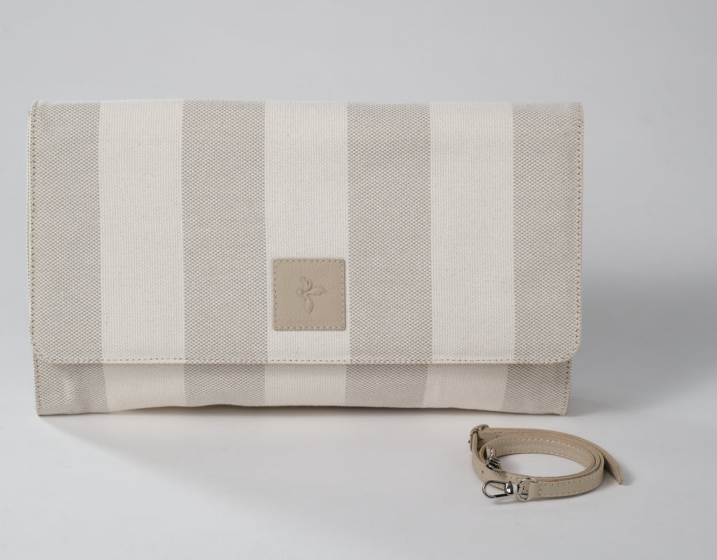 Anne Oversized Linen & Leather Clutch: Crema/Grey Cabana Stripe