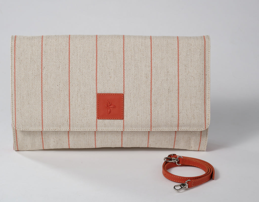 Romi Oversized Linen & Leather Clutch: Natural/Mango lines