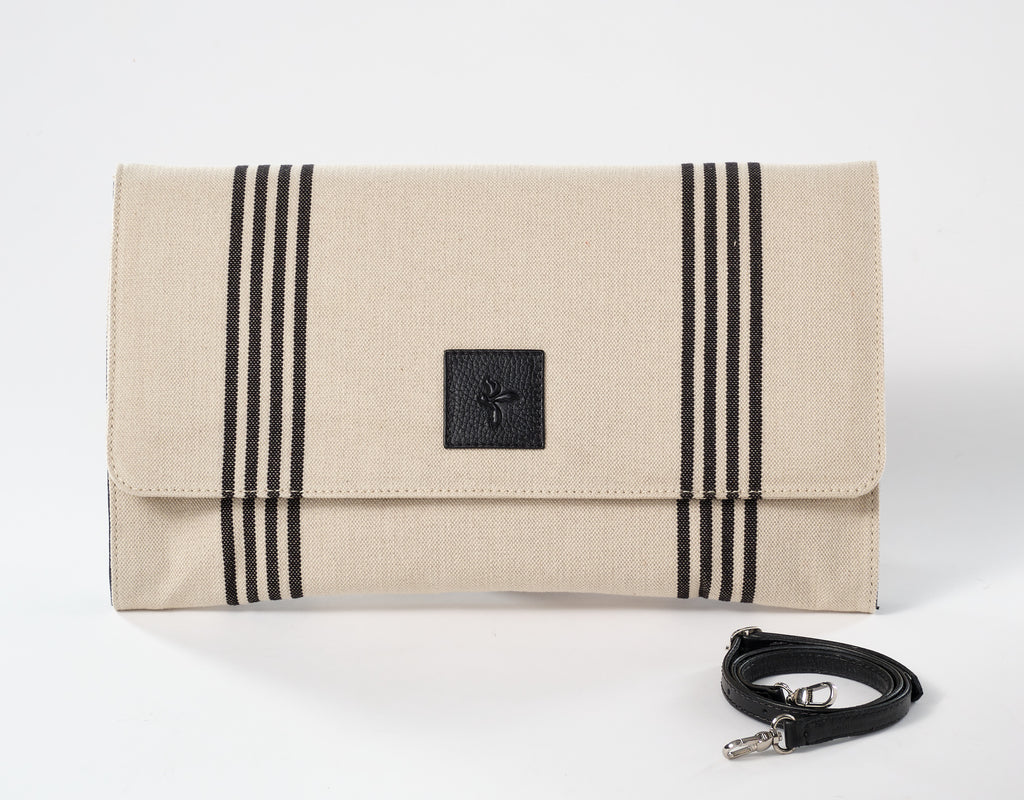 Erika Oversized Linen & Leather Clutch: Natural/Black Stripes