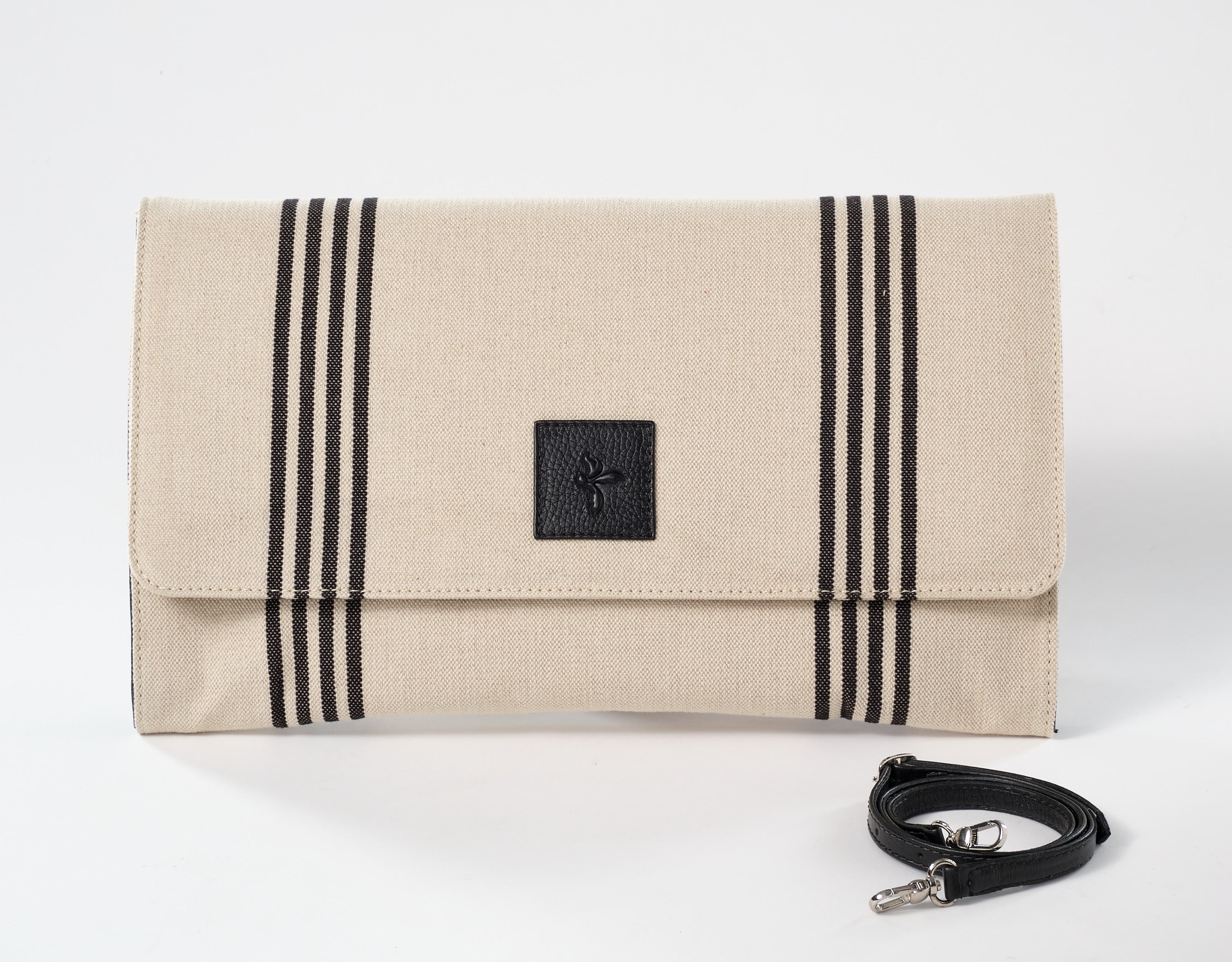 Erika Oversized Linen & Leather Clutch: Natural/Black Stripes