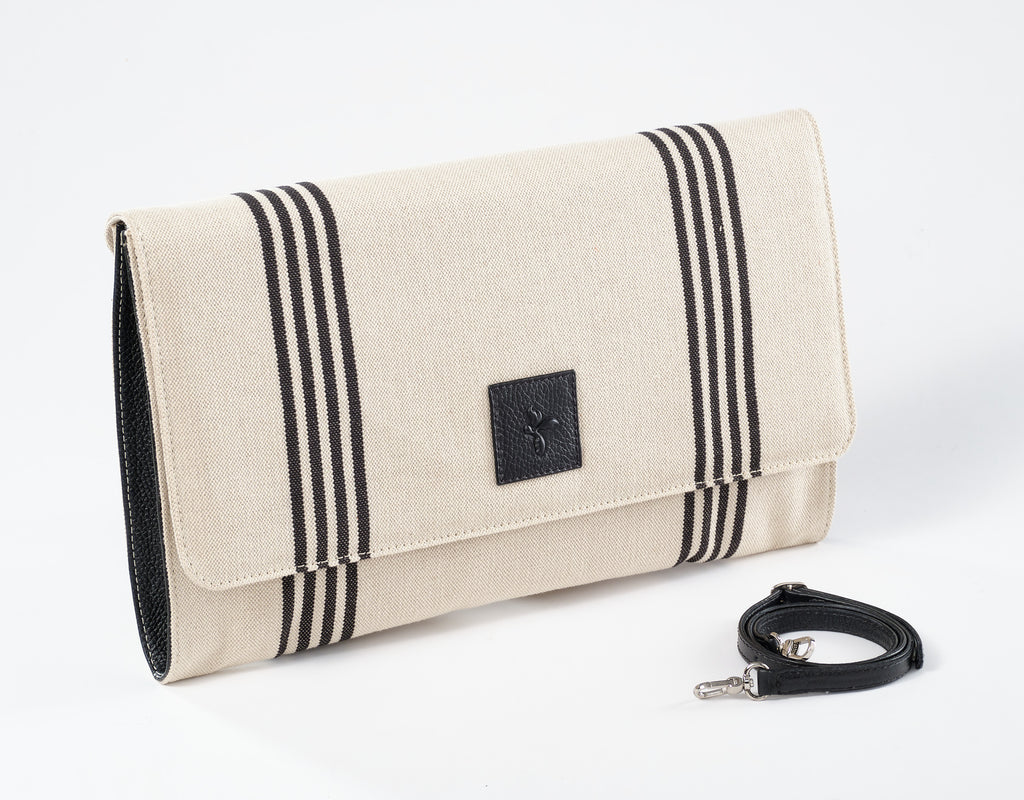 Erika Oversized Linen & Leather Clutch: Natural/Black Stripes