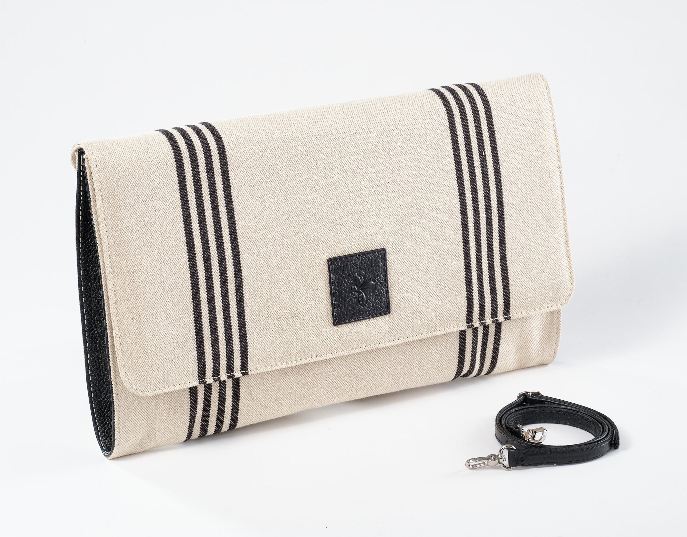 Erika Oversized Linen & Leather Clutch: Natural/Black Stripes