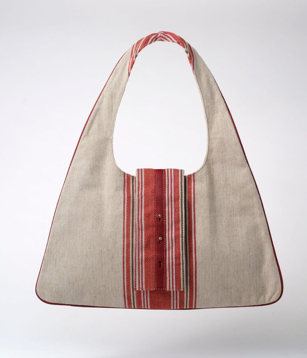 Monica Triangular Hobo Tote- Natural/Red Stripe