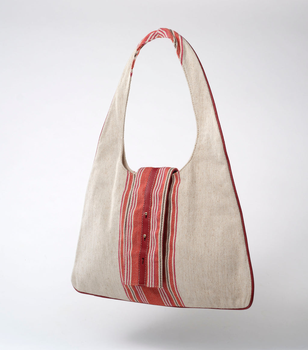 Monica Triangular Hobo Tote- Natural/Red Stripe