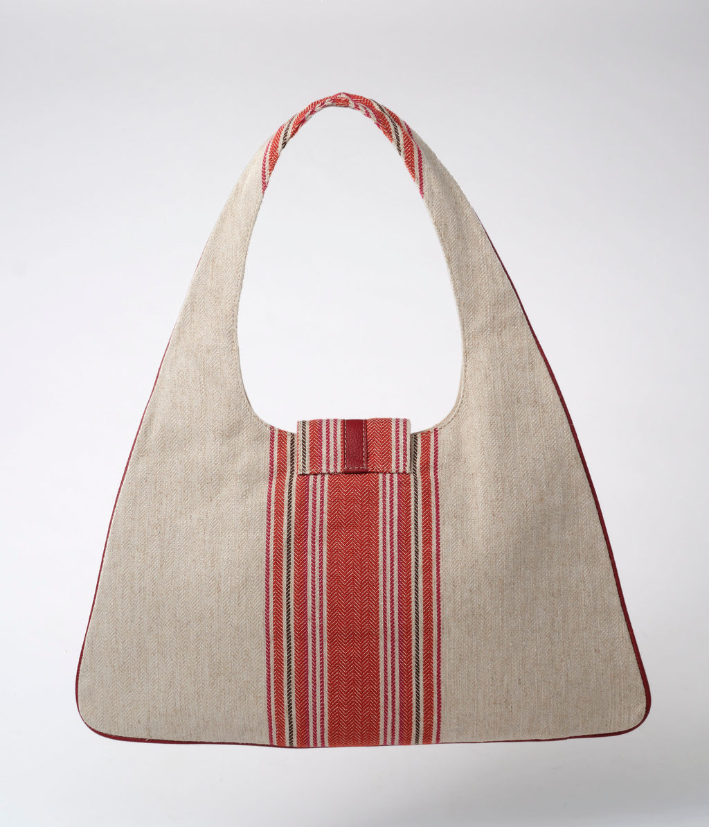 Monica Triangular Hobo Tote- Natural/Red Stripe