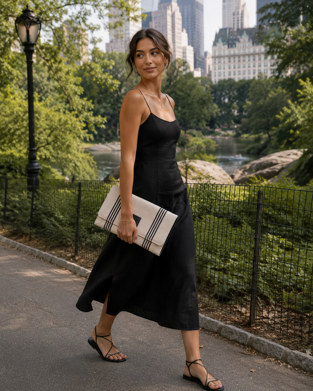 Erika Oversized Linen & Leather Clutch: Natural/Black Stripes
