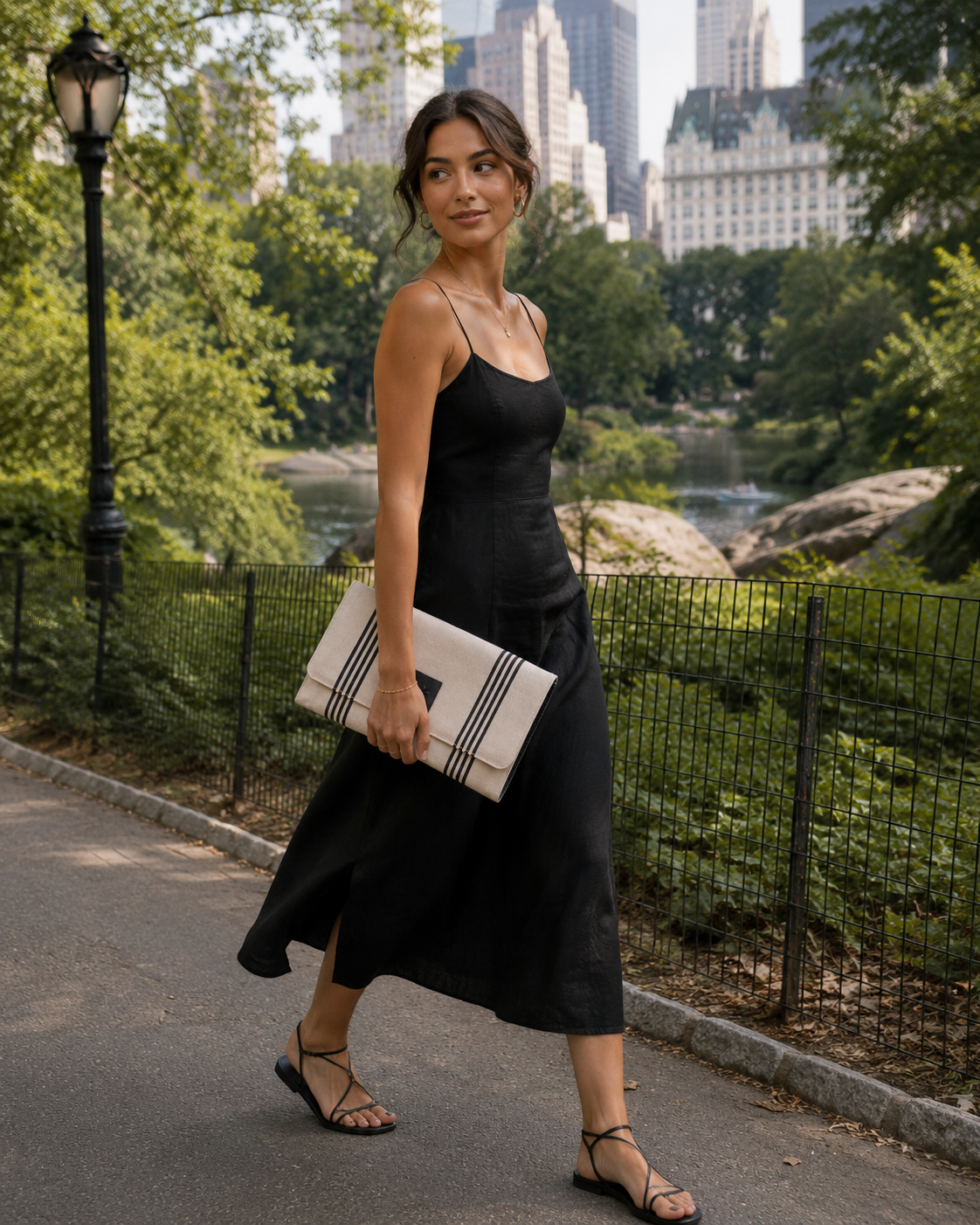 Erika Oversized Linen & Leather Clutch: Natural/Black Stripes