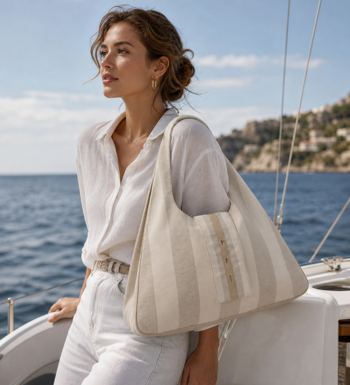 Fabiola Triangular Hobo Tote- Crema/Grey Cabana Stripe