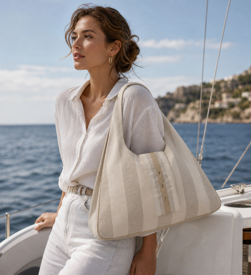 Fabiola Triangular Hobo Tote- Crema/Grey Cabana Stripe