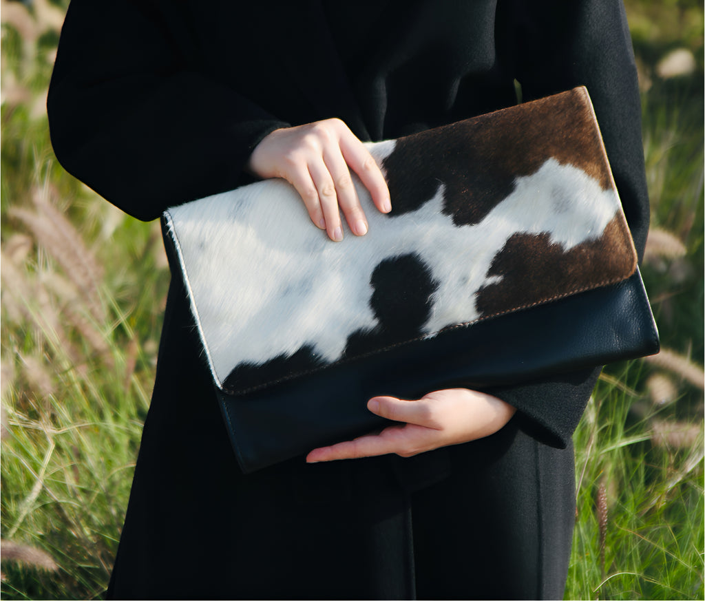 Jess Haircalf & Leather Oversized Clutch - Flat White Coffee Brindle & Black Noir