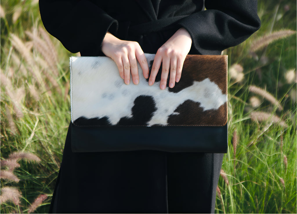 Jess Haircalf & Leather Oversized Clutch - Flat White Coffee Brindle & Black Noir