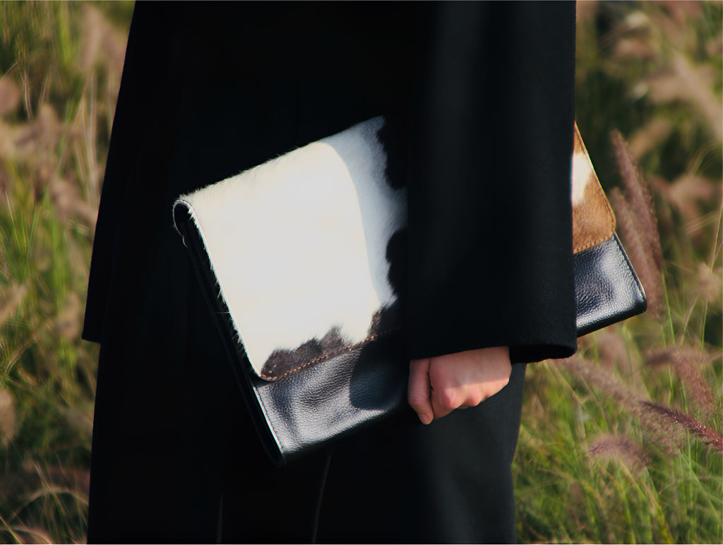 Jess Haircalf & Leather Oversized Clutch - Flat White Coffee Brindle & Black Noir