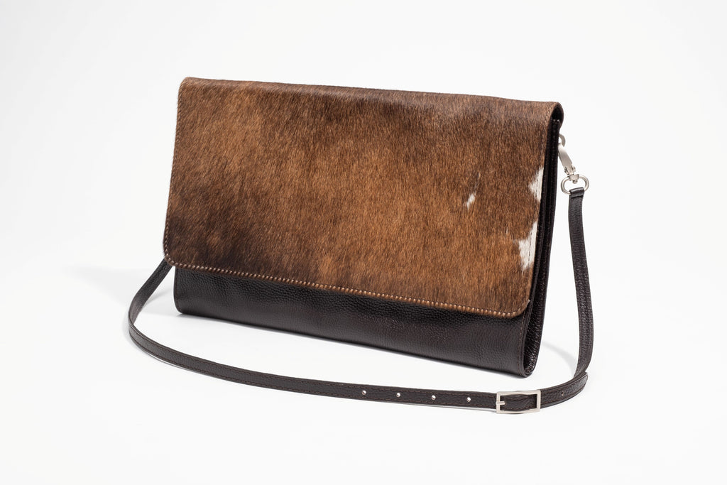 Jess Haircalf & Leather Oversized Clutch - Chestnut Brindle & Dark Chocolate