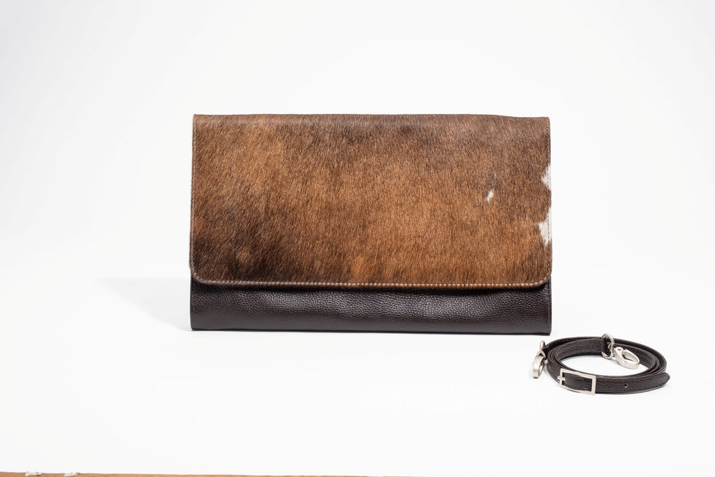 Jess Haircalf & Leather Oversized Clutch - Chestnut Brindle & Dark Chocolate