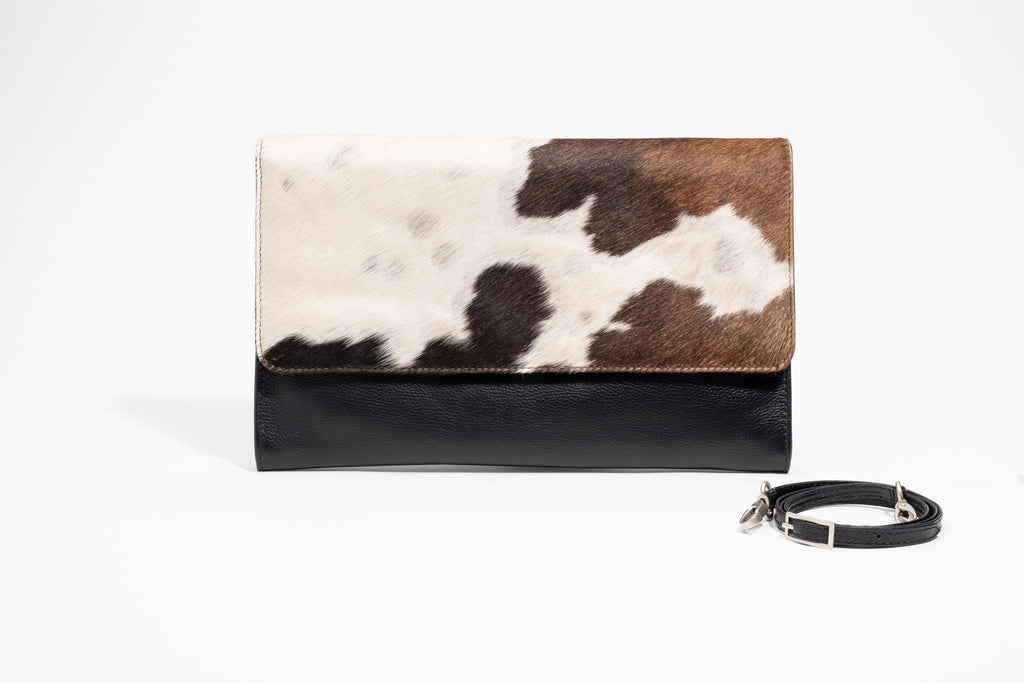 Jess Haircalf & Leather Oversized Clutch - Flat White Coffee Brindle & Black Noir