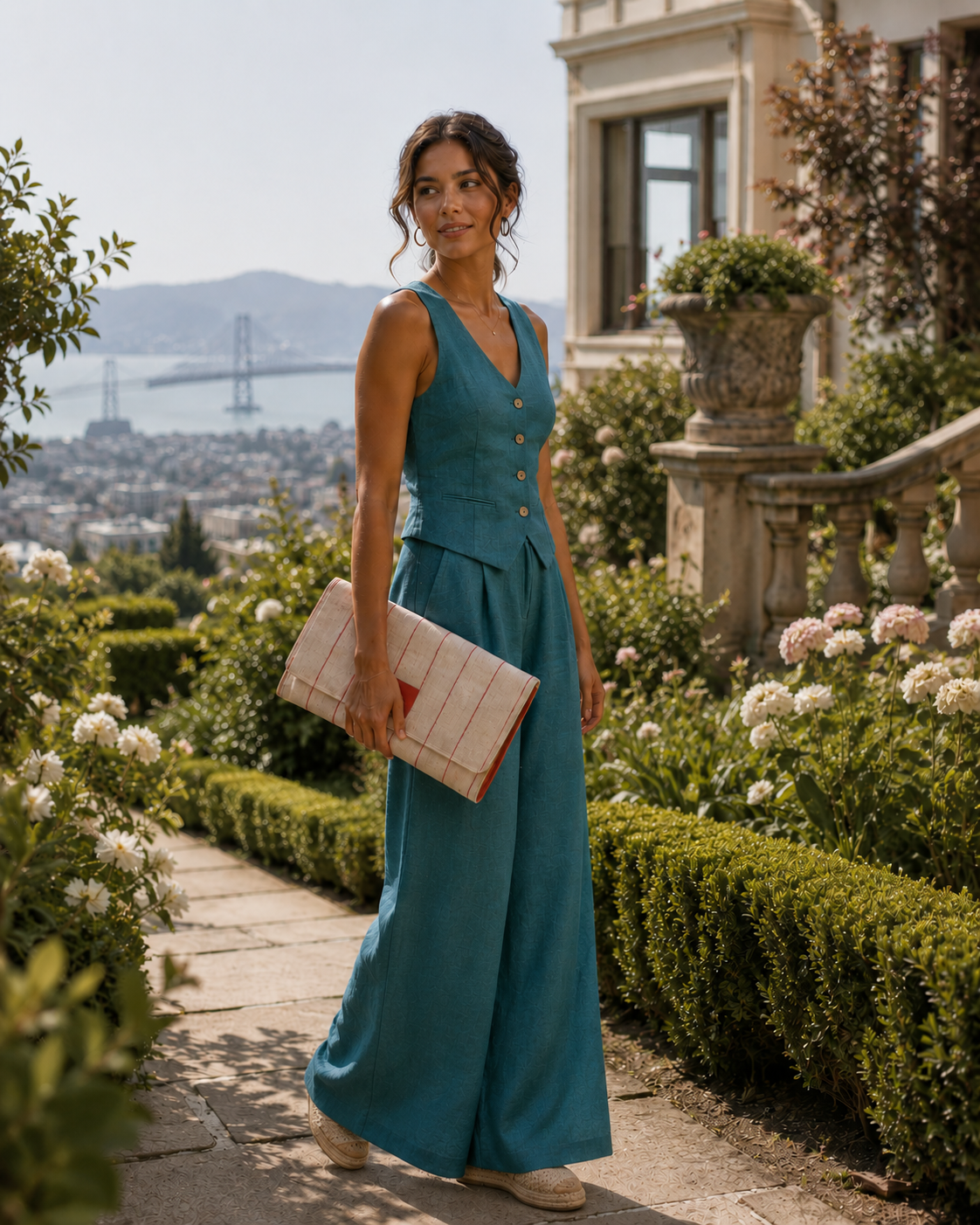 Romi Oversized Linen & Leather Clutch: Natural/Mango lines